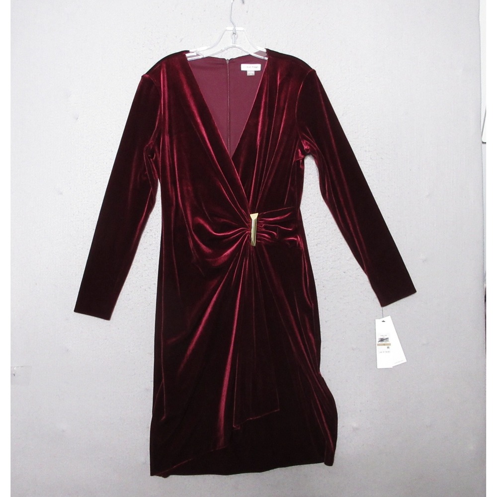Calvin Klein Dress 12 Velvet Faux Wrap V-Neck Long Sleeve Burgundy Red Holiday